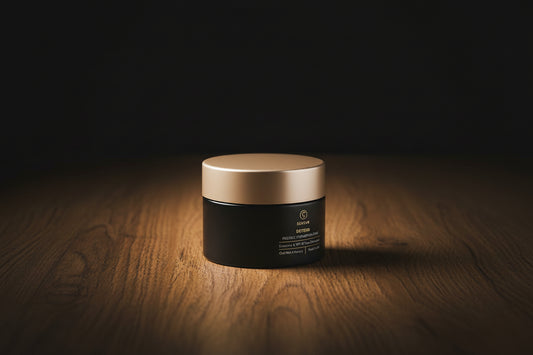 Black jar with gold lid on a wooden surface