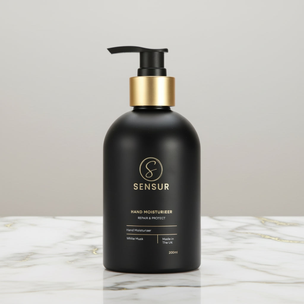 Black bottle with pump and 'SENSUR' branding on a white background