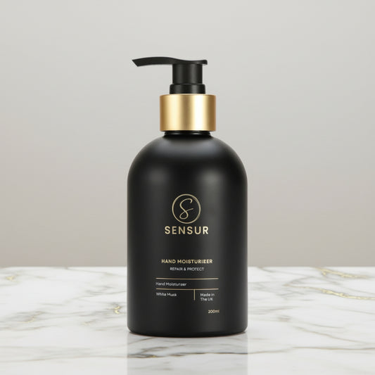 Black bottle with pump and 'SENSUR' branding on a white background