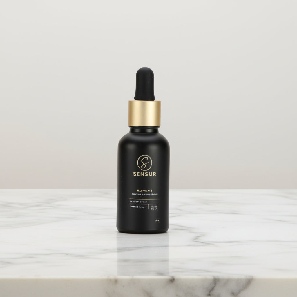 Black dropper bottle with gold cap on a marble surface against a dark background