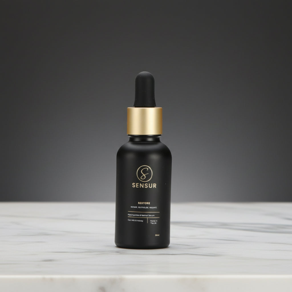 Black dropper bottle with gold cap on a white background