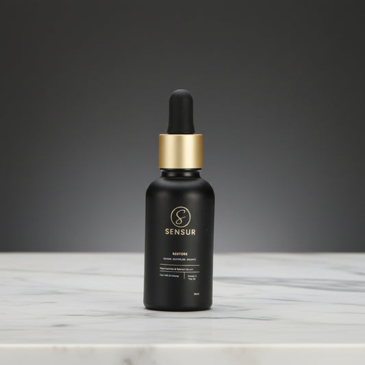 Black dropper bottle with gold cap on a white background