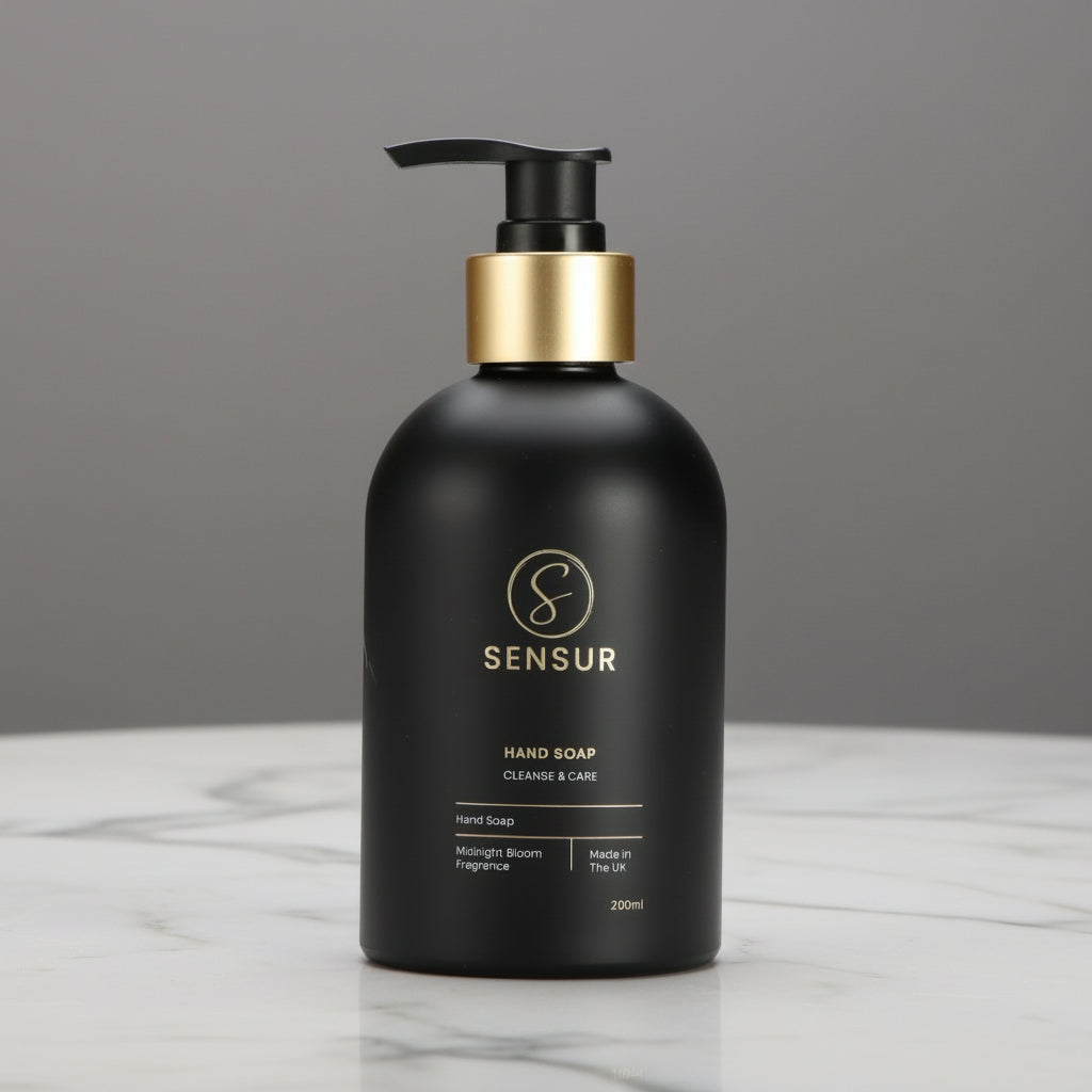 Black bottle with gold pump on a white background